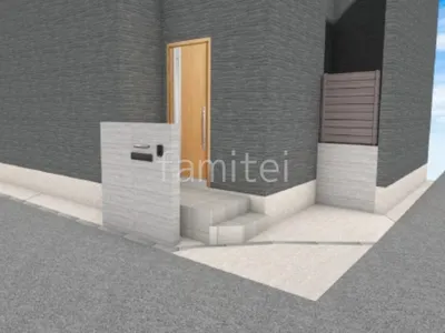 大判タイルの門柱がモダンな新築ベーシック オープン外構