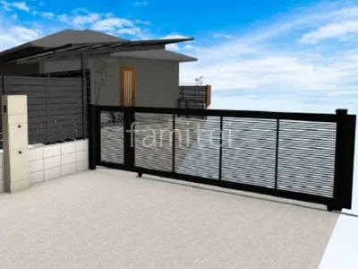 機能門柱　引き戸門扉　開き門扉付き