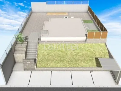 木調目隠しフェンスと人工芝で新築ナチュラルオープン外構