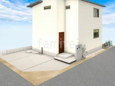 浮遊階段とタイル門柱がモダンな新築シンプル オープン外構