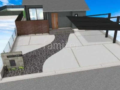 乱形石　アプローチ　タイル門柱