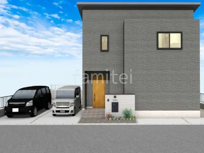 タイルのアプローチと門柱がモダンな新築シンプル オープン外構