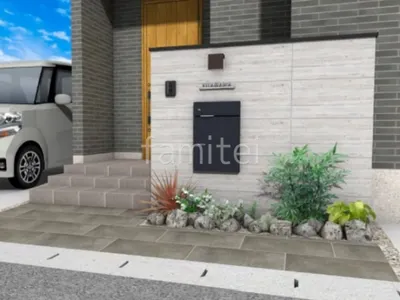 アプローチ　タイル貼り　タイル門柱　ロックガーデン