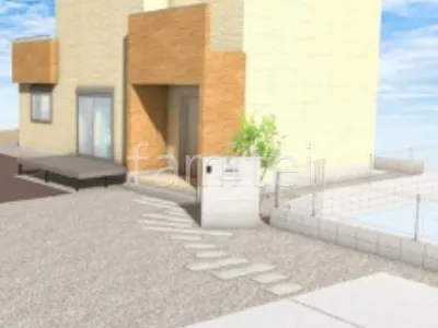 タイル門柱　アプローチ　平板敷き　ウッドデッキ