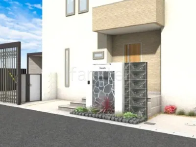 タイル門柱　乱形石貼り　浮遊階段　親子開き門扉