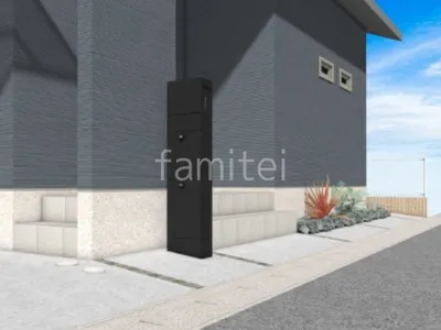 土間コンクリート　ピンコロ石目地　宅配ボックス門柱　ロックガーデン