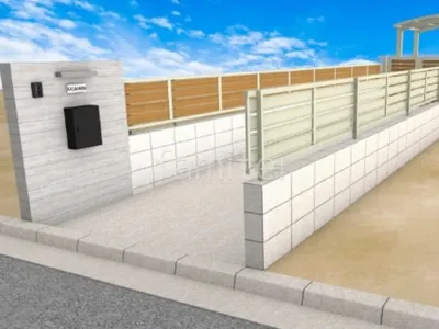 乱形石のアプローチが綺麗な新築ナチュラル セミクローズ外構