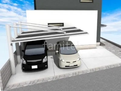 後方支持カーポートと乱形石の組み合わせがかっこいい新築シンプル オープン外構