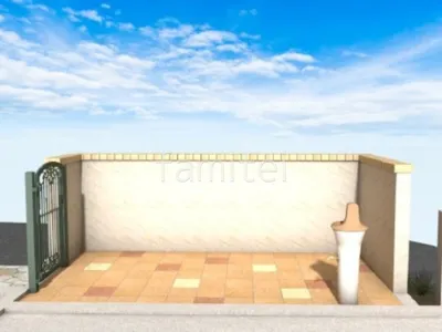 床タイル貼り　笠木　レンガ　立水栓