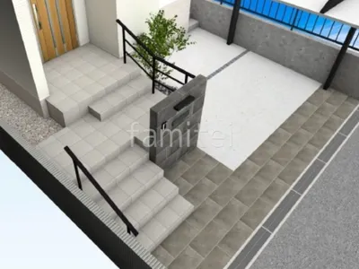 タイル門柱　手すり　ピンコロ石目地