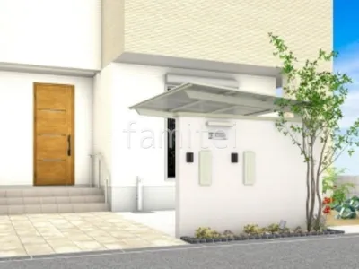 塗り壁門柱　アプローチ　タイル貼り　サイクルポート