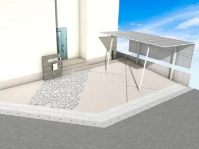 タイル門柱のアクセントラインが特徴的な新築シンプル オープン外構