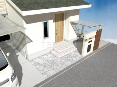 白い乱形石のアプローチが綺麗な新築シンプル オープン外構