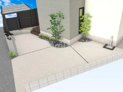 土間コンクリート　立水栓　ピンコロ石囲い