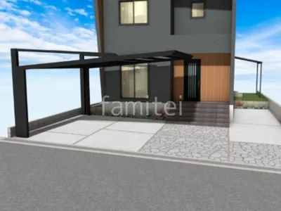 グレーの乱形石とタイル門柱が美しい新築シンプル オープン外構