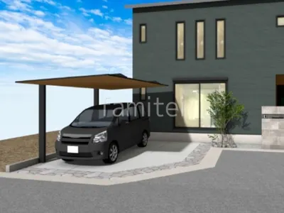 乱形石とタイル門柱の組み合わせがモダンな新築シンプル オープン外構