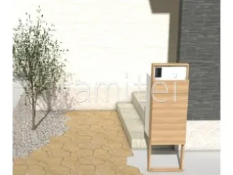 宅配ボックス付き機能門柱　アプローチ　平板　シンボルツリー