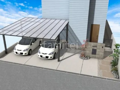 平板のアプローチとタイル門柱がモダンな新築シンプル オープン外構