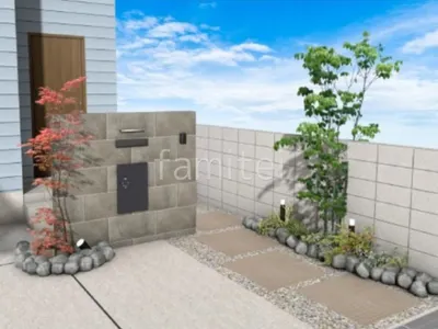 アプローチ　平板　タイル門柱　ロックガーデン