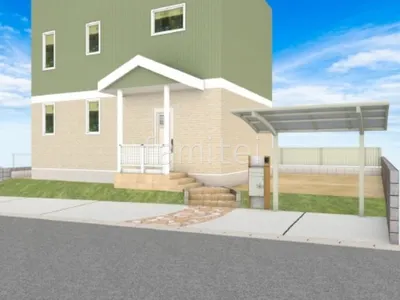 乱形石と木調の機能門柱が優しい印象の新築ナチュラル オープン外構