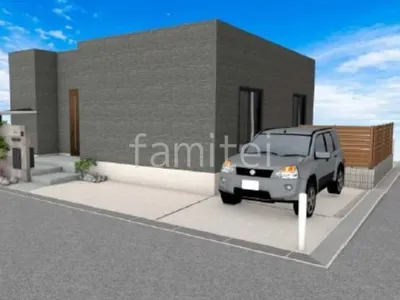 サイクルポートとタイル門柱がモダンな新築シンプル オープン外構