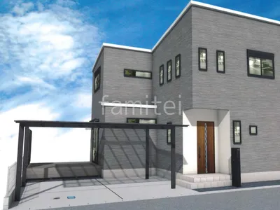 カーポートと機能門柱がスタイリッシュな新築ベーシック オープン外構