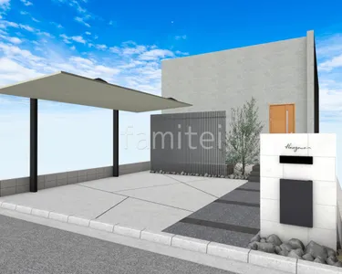 ランダムな土間コンクリートが印象的な新築シンプル オープン外構