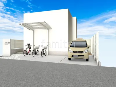 サイクルポートで雨除けする新築シンプル オープン外構