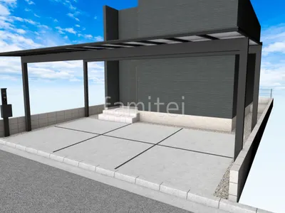 3台用カーポートがダイナミックな新築ベーシック オープン外構