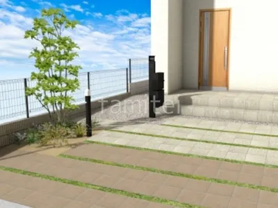 タイルアプローチ　宅配ボックス付き機能門柱　シンボルツリー