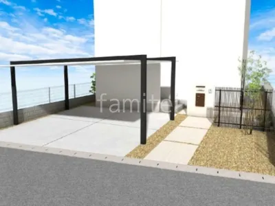 2台用カーポート　タイルアプローチ　タイル門柱