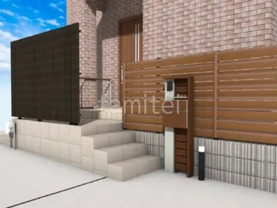 階段タイル貼り　機能門柱