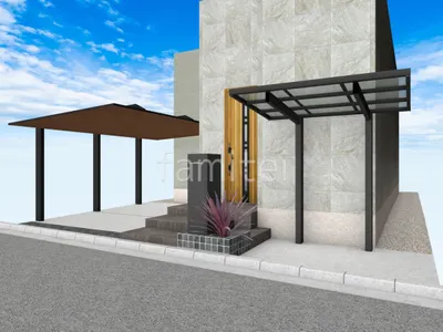 木目調屋根のカーポートがカッコいい新築ベーシック オープン外構