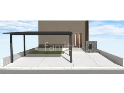 カーポートとタイル門柱がモダンな新築シンプル オープン外構