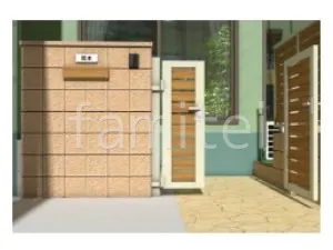 親子開き門扉　化粧ブロック門柱　アプローチ　平板敷き