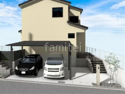 黒のカーポートと浮遊階段がモダンな新築シンプル セミクローズ外構