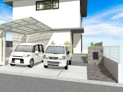 アプローチ　乱形石　タイル門柱