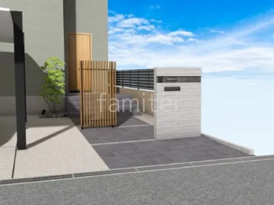 タイル門柱とカーポートが高級感のある新築シンプル オープン外構