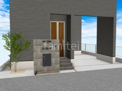 タイル門柱とシンボルツリーが上質な印象の新築ベーシック オープン外構