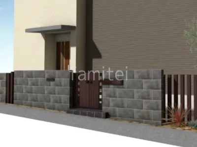 タイル門柱 両開き門扉 角柱