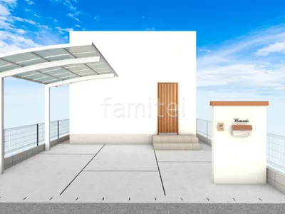 塗り壁門柱がかわいい新築シンプル オープン外構