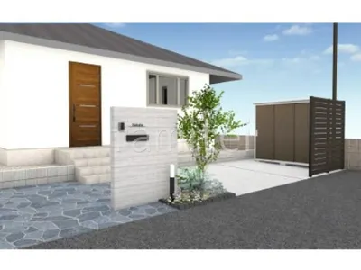 アプローチ　乱形石　タイル門柱　物置　目隠しフェンス