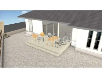 タイルデッキ　砂利敷き