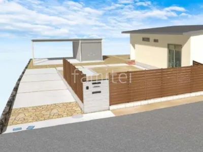 目隠しフェンスとシャッターガレージで防犯性の高い新築ナチュラル セミクローズ外構