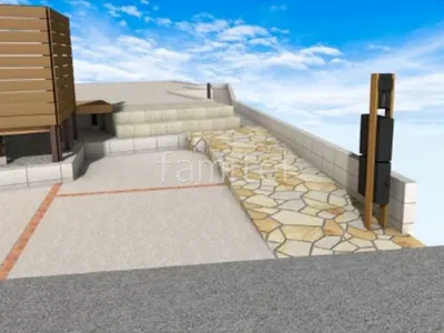 木調アイテムと乱形石が温かみのある新築ナチュラル セミクローズ外構