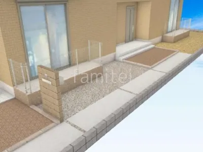 化粧ブロック門柱　土間コンクリート　砂利敷き