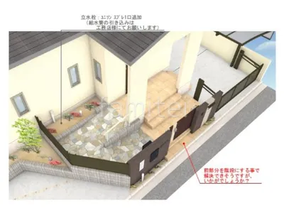 スロープ　乱形石貼り　タイル門柱　引き戸門扉　手すり　跳ね上げゲート