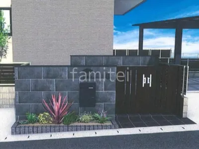 両開き門扉　タイル門柱　タイルアプローチ