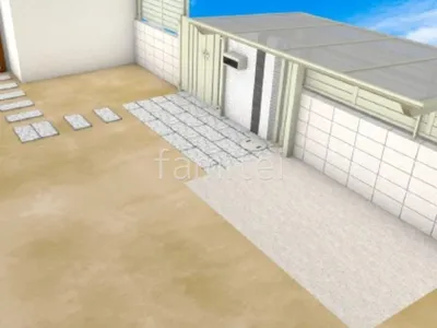 土間コンクリート　サイクルポート　アプローチ　板石敷き