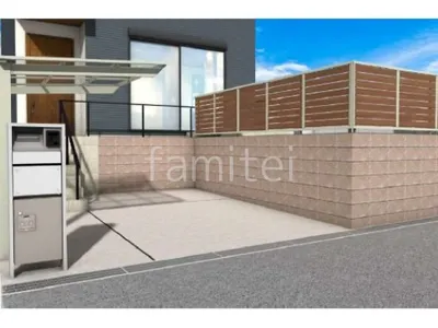 宅配ボックス付き機能門柱　化粧ブロック　目隠しフェンス